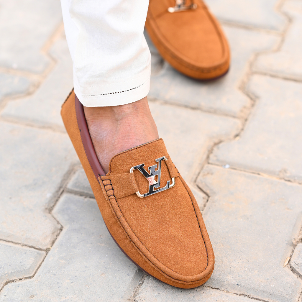 Luxe Suede Monogram Buckle Loafer – Camel Tan