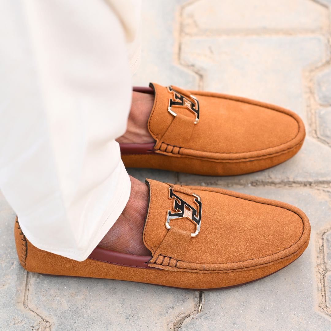 Luxe Suede Monogram Buckle Loafer – Camel Tan